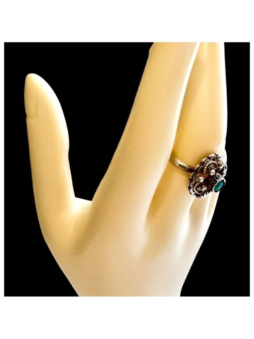 Antique Mexican Sterling Silver Filigree Flower Ring Turquoise Stone Sz 7.75 - Picture 9 of 10